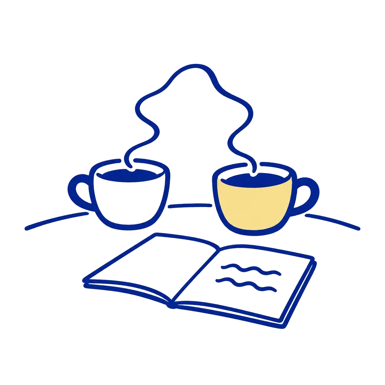 Håndtegnet illustration: to dampende kopper kaffe og en åben notesbog på et bord.