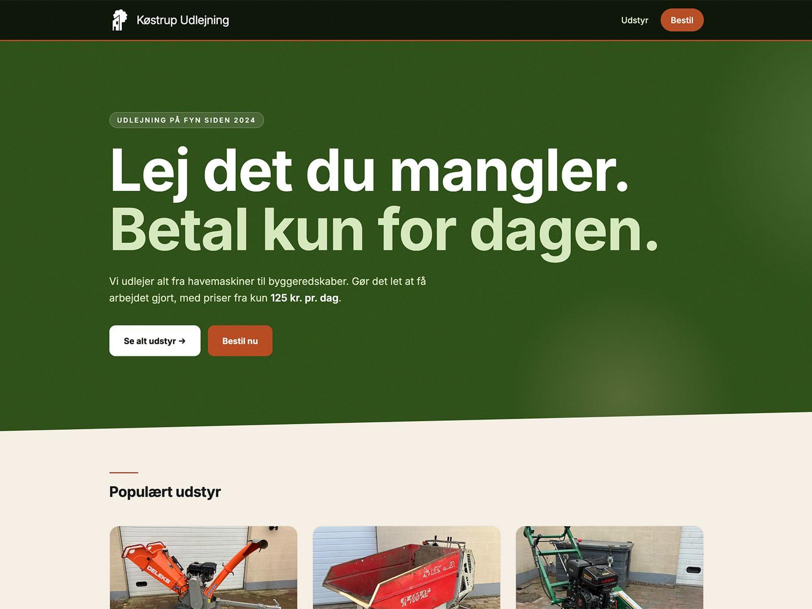 Screenshot af hjemmeside for Køstrup Udlejning – maskinudlejning på Fyn