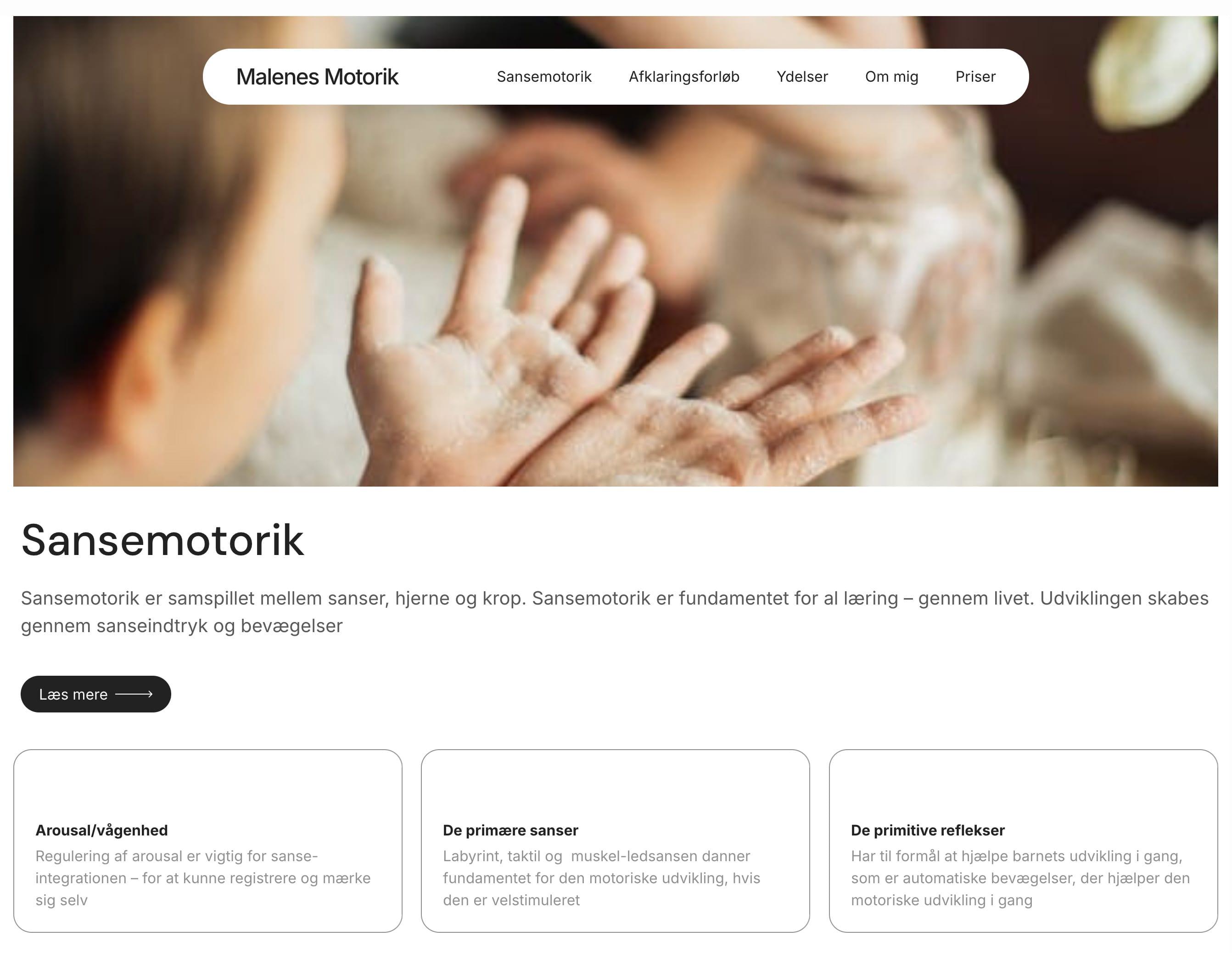 Screenshot af hjemmeside for Malenes Motorik – motorikterapi for børn