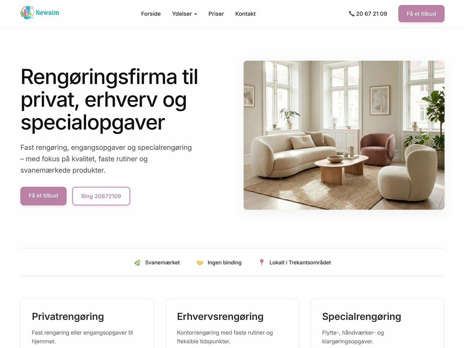 Screenshot af hjemmeside for Newaim Rengøring – professionel rengøringsvirksomhed