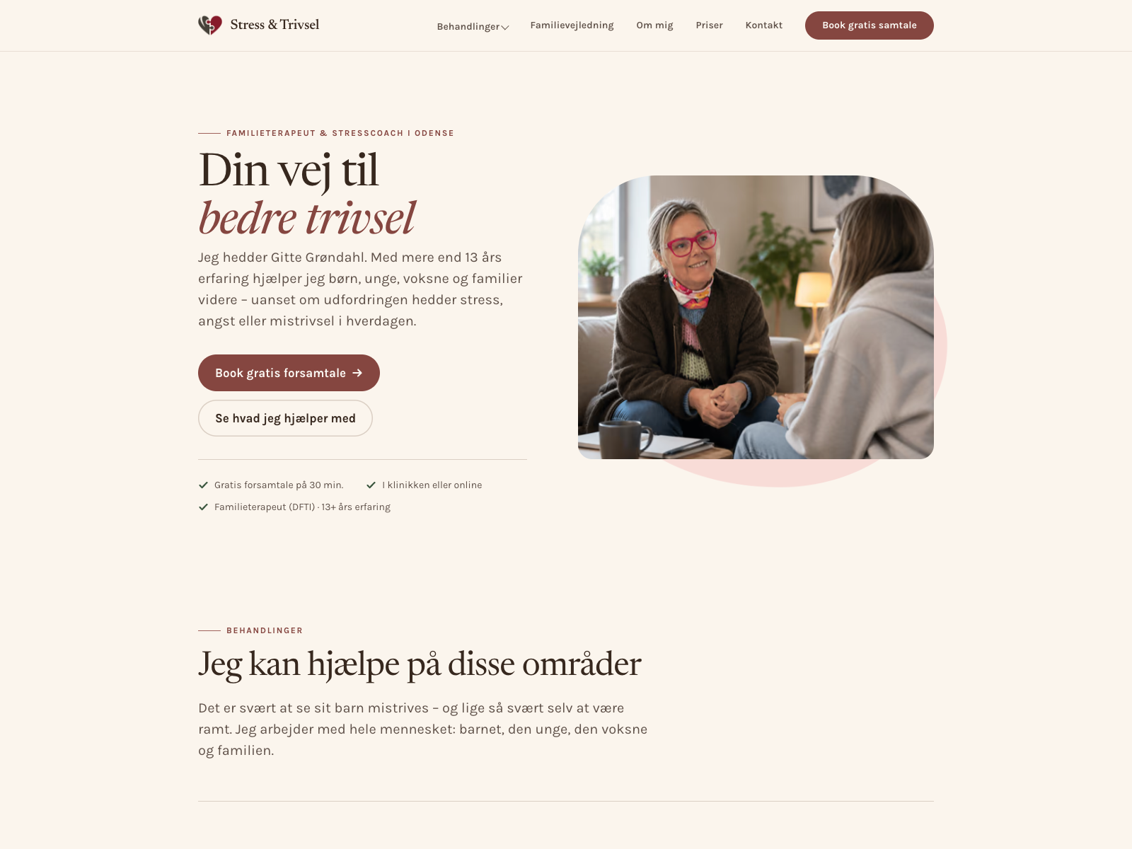 Forsiden på Stress & Trivsels hjemmeside med Gitte Grøndahl og information om behandling og familievejledning